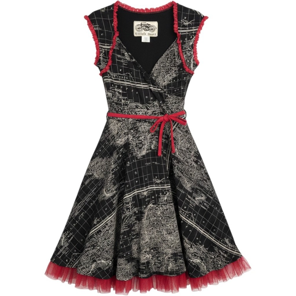Effie's Heart Map Print Faux Wrap Dress Red Lace Trim Tulle Hem Small Black